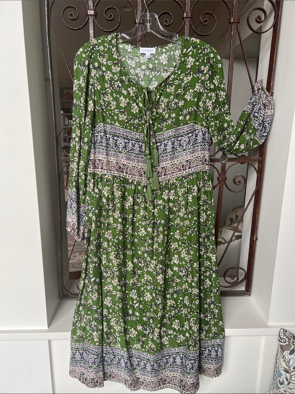 Luxology Olive Green Floral Midi Dress with Tassel Tie